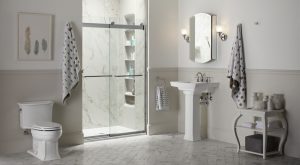 Modern, white bathroom with a walk-in shower