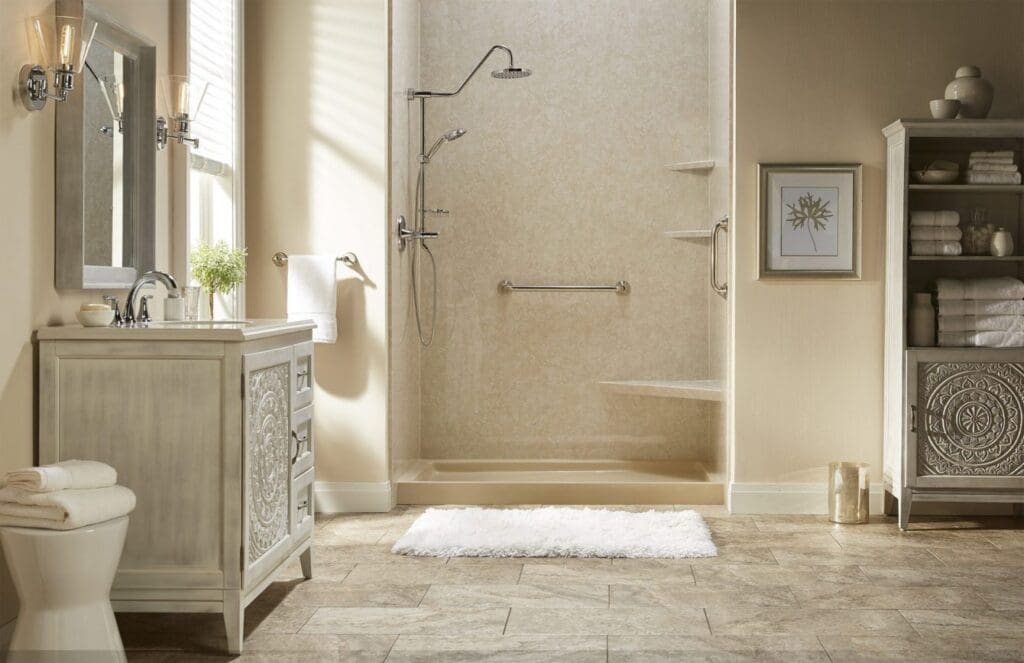 Modern bathroom update with added safety and accessibility features in a San Antonio home.