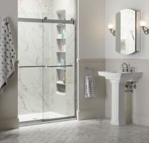 Sleek modern shower renovation with marble design