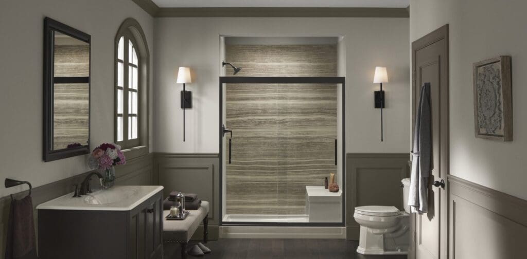 Elegant shower design with walk-in shower and safety enhancements.