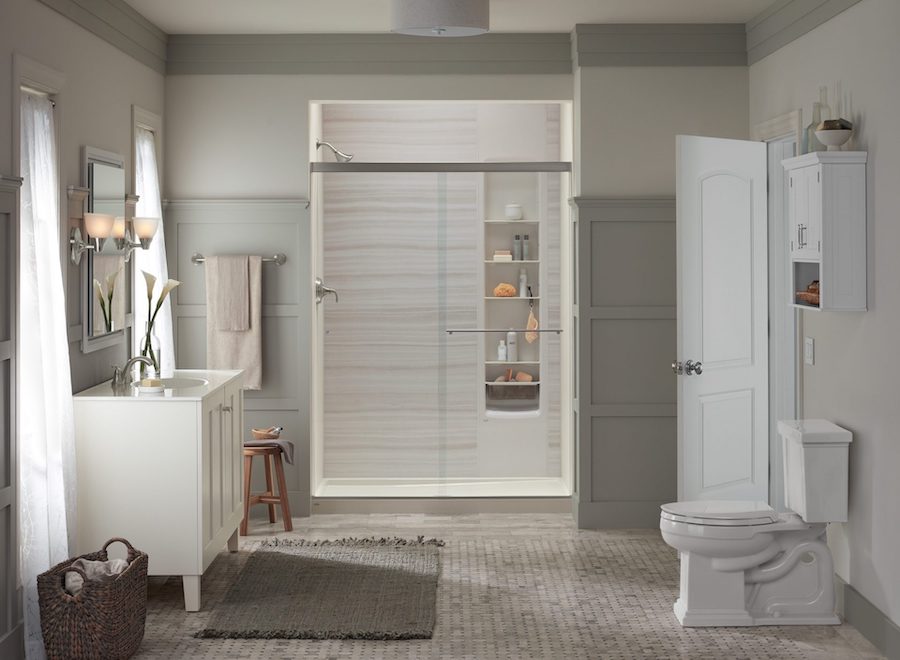 walk-in shower with built in shelving.